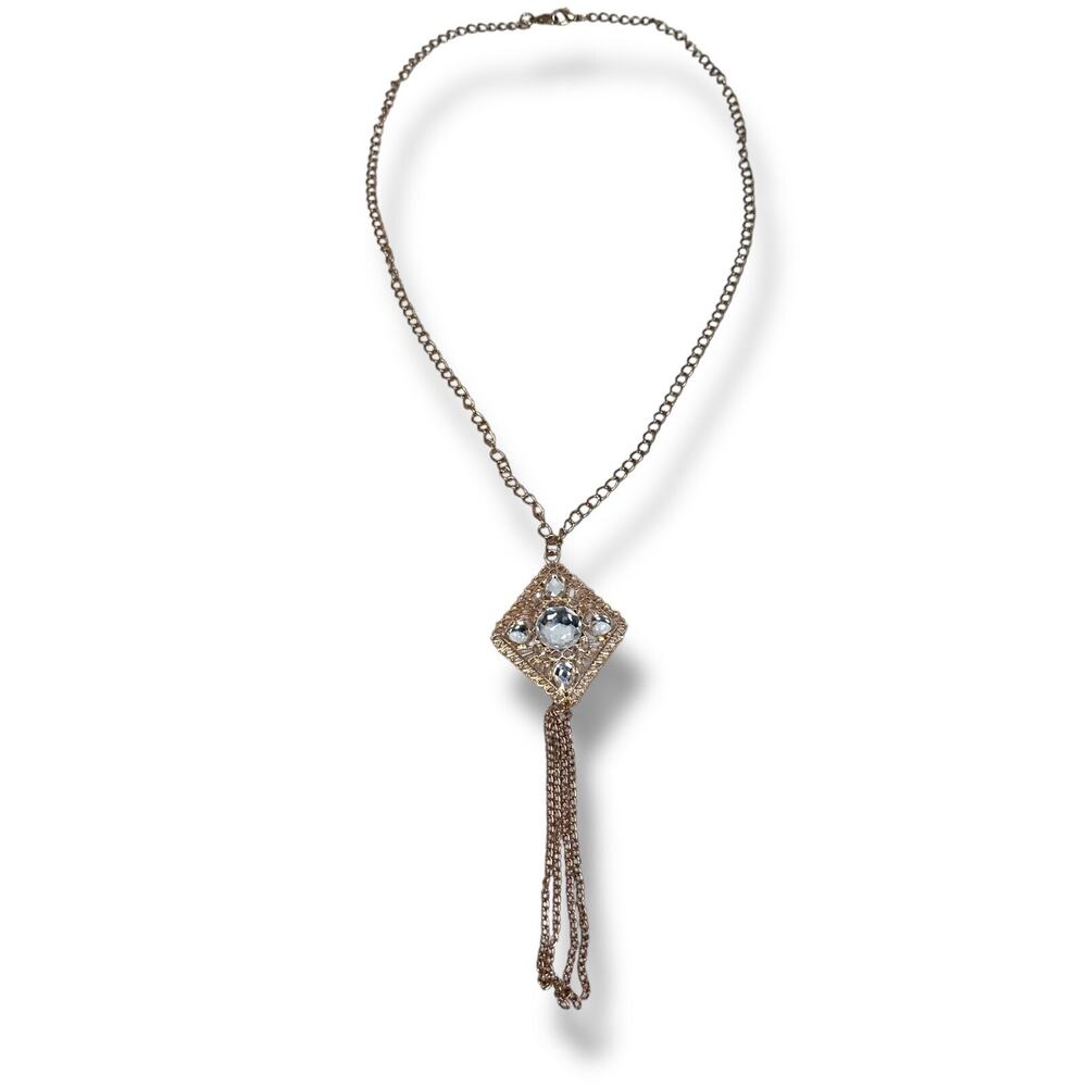 Vintage Jewelry Bolo Style Necklace Square Pendant Chain‎ Tassel Rose Gold Tone